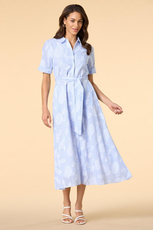 Light Blue Floral Textured Midi Shirt Dress