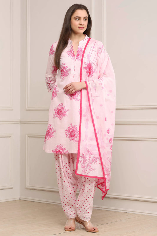 Light Pink Floral Printed Kurta Set with Matching Dupatta