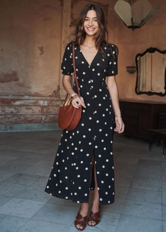 Black Polka Dot Button-Down Midi Dress