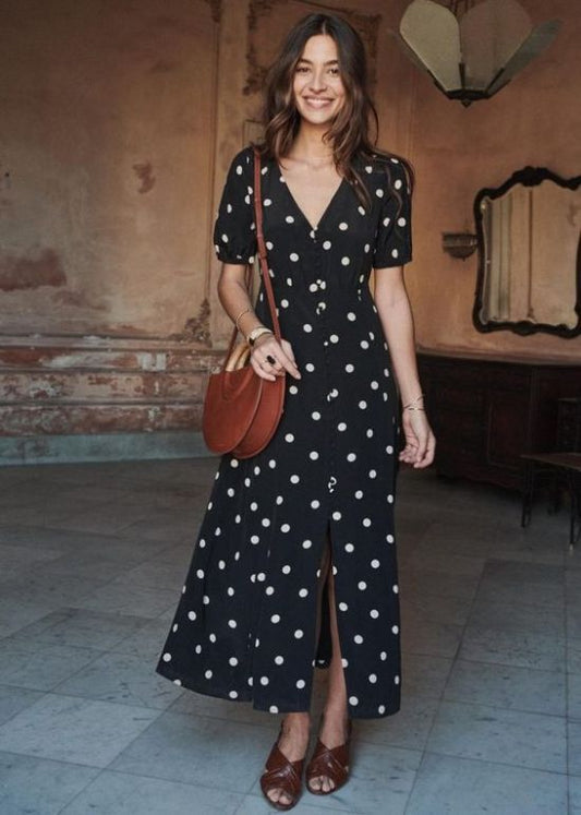 Black Polka Dot Button-Down Midi Dress